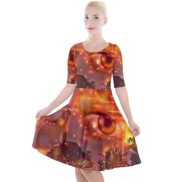 Eye Butterfly Evening Sky Quarter Sleeve A-Line Dress