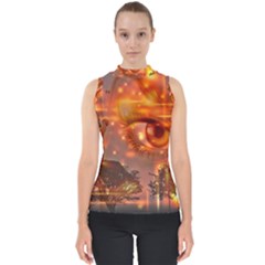 Eye Butterfly Evening Sky Mock Neck Shell Top