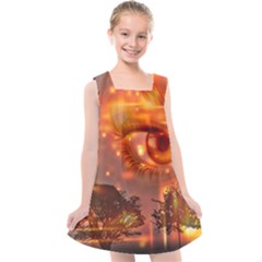 Eye Butterfly Evening Sky Kids  Cross Back Dress by HermanTelo