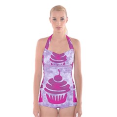 Cupcake Food Purple Dessert Baked Boyleg Halter Swimsuit  by HermanTelo