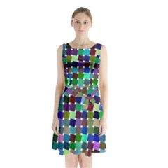 Geometric Background Colorful Sleeveless Waist Tie Chiffon Dress