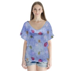 Ladybug Blue Nature V-neck Flutter Sleeve Top