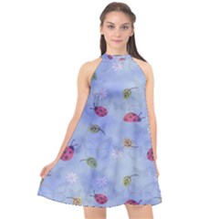 Ladybug Blue Nature Halter Neckline Chiffon Dress 