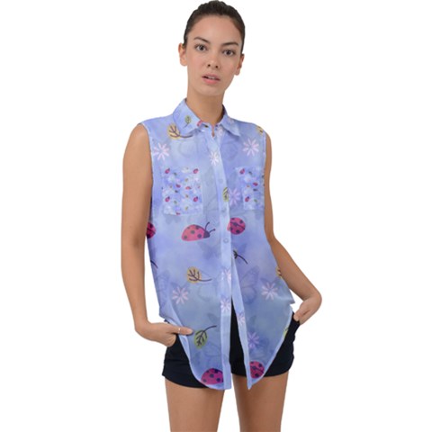 Ladybug Blue Nature Sleeveless Chiffon Button Shirt by HermanTelo