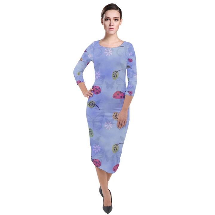 Ladybug Blue Nature Quarter Sleeve Midi Velour Bodycon Dress