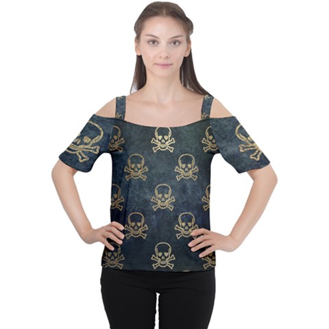 Golden Glitter Skeleton Gothic Cutout Shoulder Tee by HermanTelo