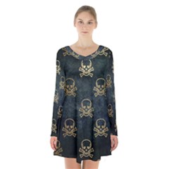 Golden Glitter Skeleton Gothic Long Sleeve Velvet V-neck Dress