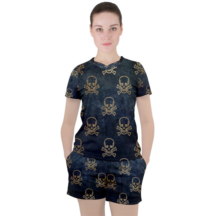 Golden Glitter Skeleton Gothic Women s Tee and Shorts Set