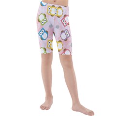 Owl Bird Cute Pattern Background Kids  Mid Length Swim Shorts