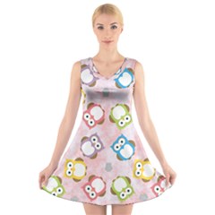 Owl Bird Cute Pattern Background V-neck Sleeveless Dress