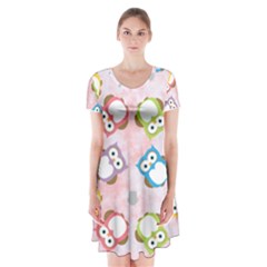 Owl Bird Cute Pattern Background Short Sleeve V-neck Flare Dress