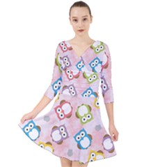 Owl Bird Cute Pattern Background Quarter Sleeve Front Wrap Dress by HermanTelo