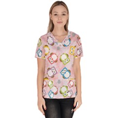 Owl Bird Cute Pattern Background Women s V-neck Scrub Top