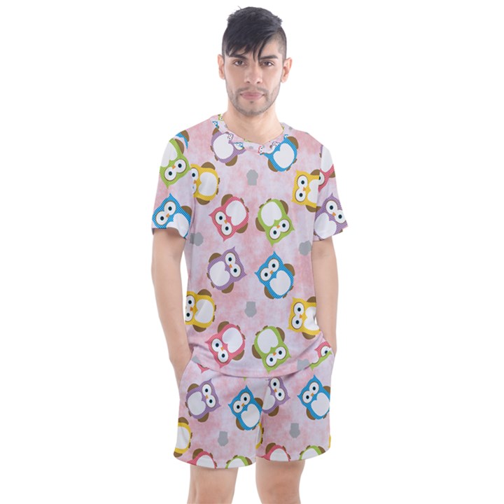 Owl Bird Cute Pattern Background Men s Mesh Tee and Shorts Set