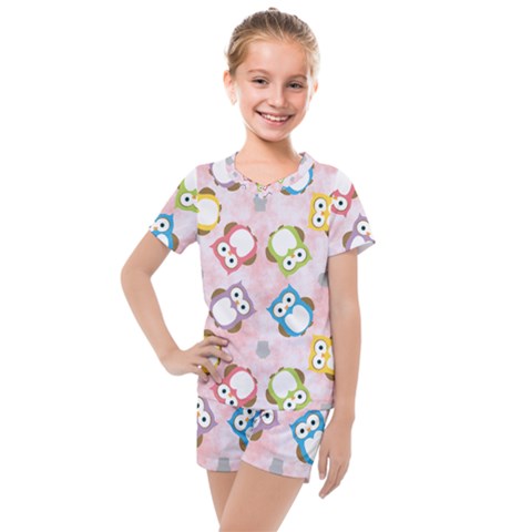 Owl Bird Cute Pattern Background Kids  Mesh Tee And Shorts Set by HermanTelo