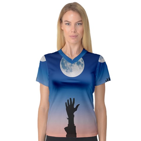 Moon Sky Blue Hand Arm Night V-neck Sport Mesh Tee by HermanTelo