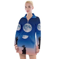 Moon Sky Blue Hand Arm Night Women s Long Sleeve Casual Dress