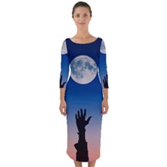 Moon Sky Blue Hand Arm Night Quarter Sleeve Midi Bodycon Dress