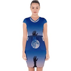 Moon Sky Blue Hand Arm Night Capsleeve Drawstring Dress 