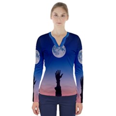 Moon Sky Blue Hand Arm Night V-neck Long Sleeve Top