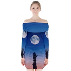 Moon Sky Blue Hand Arm Night Long Sleeve Off Shoulder Dress