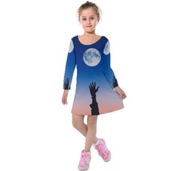 Moon Sky Blue Hand Arm Night Kids  Long Sleeve Velvet Dress