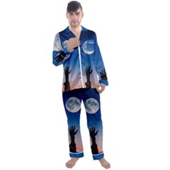 Moon Sky Blue Hand Arm Night Men s Satin Pajamas Long Pants Set