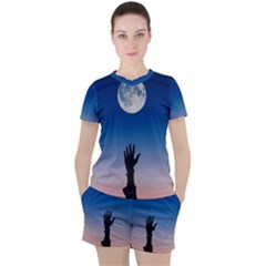 Moon Sky Blue Hand Arm Night Women s Tee And Shorts Set