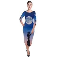 Moon Sky Blue Hand Arm Night Quarter Sleeve Midi Velour Bodycon Dress by HermanTelo