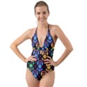 Pattern Background Bright Blue Halter Cut-Out One Piece Swimsuit View1