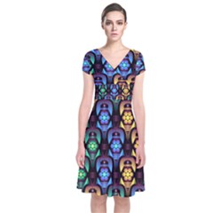 Pattern Background Bright Blue Short Sleeve Front Wrap Dress