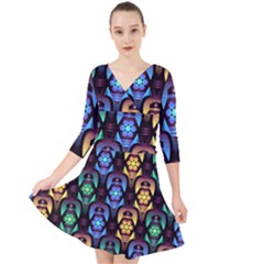 Pattern Background Bright Blue Quarter Sleeve Front Wrap Dress