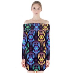 Pattern Background Bright Blue Long Sleeve Off Shoulder Dress