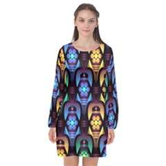 Pattern Background Bright Blue Long Sleeve Chiffon Shift Dress 