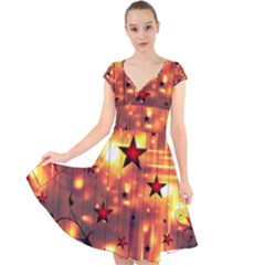 Star Radio Light Effects Magic Cap Sleeve Front Wrap Midi Dress