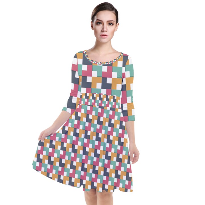 Abstract Geometric Quarter Sleeve Waist Band Dress