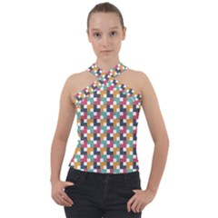 Abstract Geometric Cross Neck Velour Top