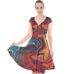 Abstract Art Pattern Cap Sleeve Front Wrap Midi Dress by HermanTelo