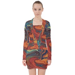 Abstract Art Pattern V-neck Bodycon Long Sleeve Dress