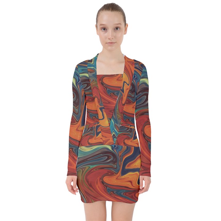 Abstract Art Pattern V-neck Bodycon Long Sleeve Dress