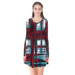 Abstract Color Background Form Long Sleeve V-neck Flare Dress