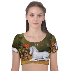 Cute Fairy With Unicorn Foal Velvet Short Sleeve Crop Top  by FantasyWorld7