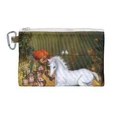 Cute Fairy With Unicorn Foal Canvas Cosmetic Bag (large) by FantasyWorld7