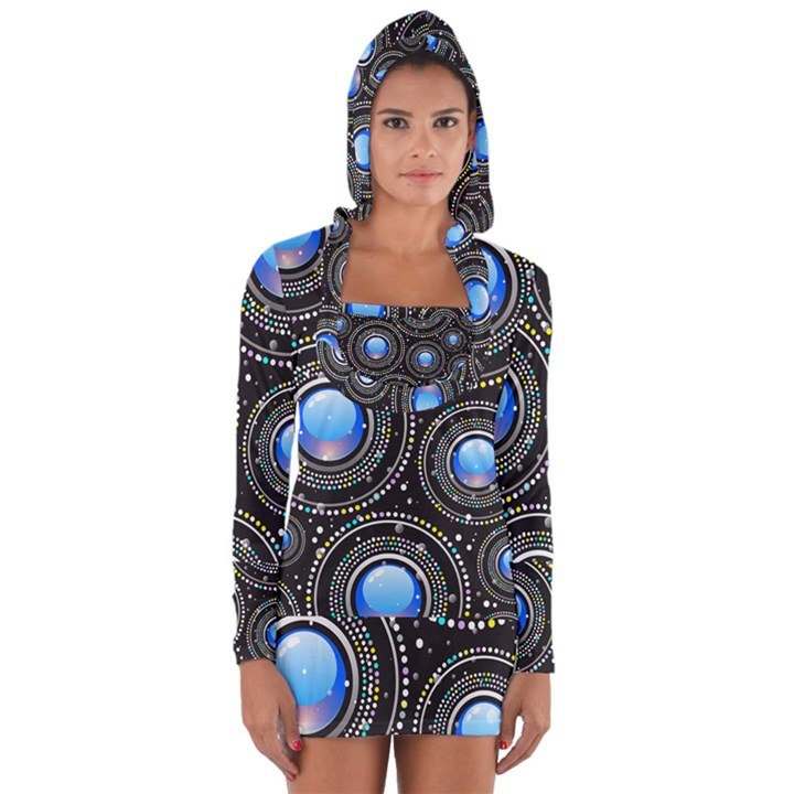 Abstract Glossy Blue Long Sleeve Hooded T-shirt