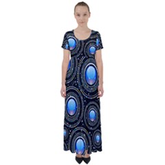 Abstract Glossy Blue High Waist Short Sleeve Maxi Dress by HermanTelo