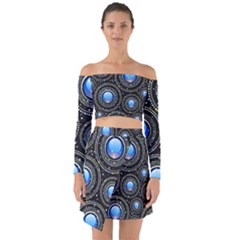 Abstract Glossy Blue Off Shoulder Top With Skirt Set