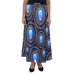 Abstract Glossy Blue Flared Maxi Skirt