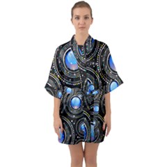 Abstract Glossy Blue Quarter Sleeve Kimono Robe