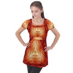 Abstract Orange Triangle Puff Sleeve Tunic Top