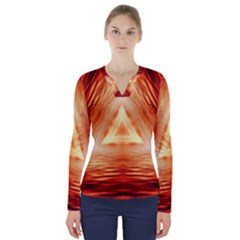 Abstract Orange Triangle V-neck Long Sleeve Top